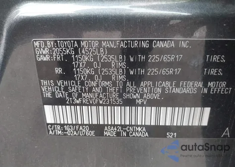 2015 Toyota Rav4 Xle from USA, damaged, VIN 2T3WFREV0FW231535